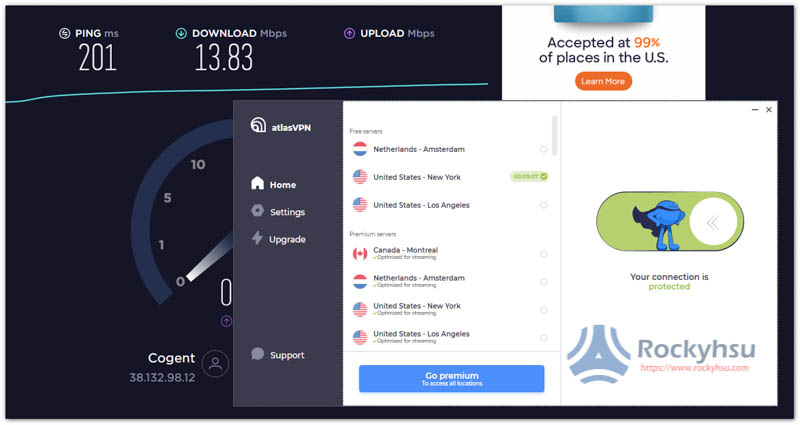 AtlasVPN 免費美國伺服器速度